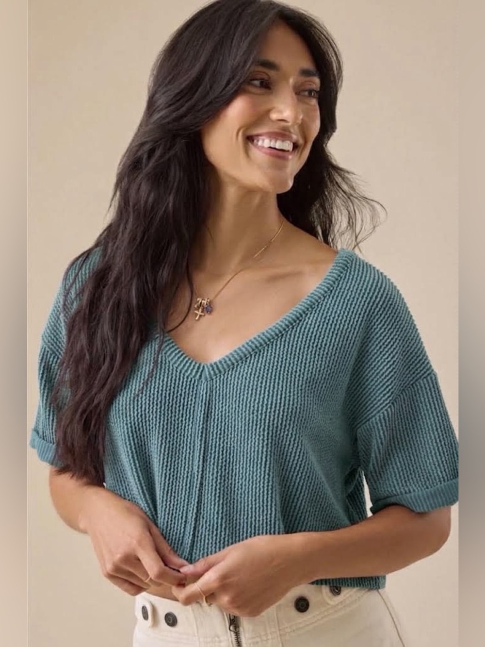 Altar'd State Teal Ribbed Boxy Tee